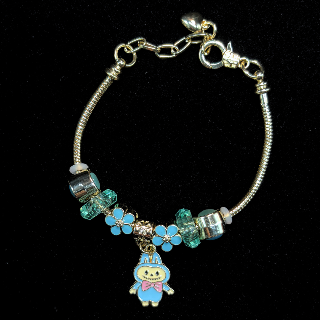 Charm Bracelet with teal enamel flower-shaped beads and a labubu charm on a black background