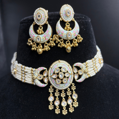 Pearl Necklace with Polki Meena Tikdas and Chandbali