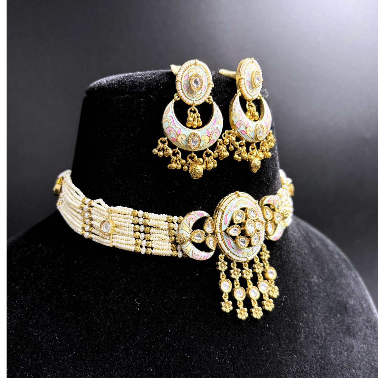 Pearl Necklace with Polki Meena Tikdas and Chandbali