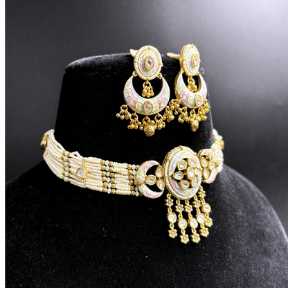 Pearl Necklace with Polki Meena Tikdas and Chandbali