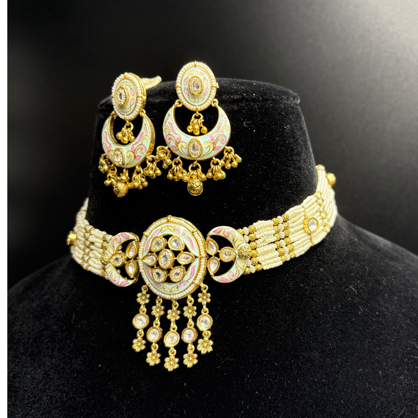 Pearl Necklace with Polki Meena Tikdas and Chandbali