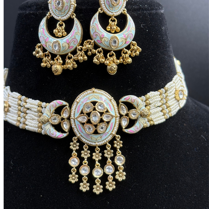 Pearl Necklace with Polki Meena Tikdas and Chandbali