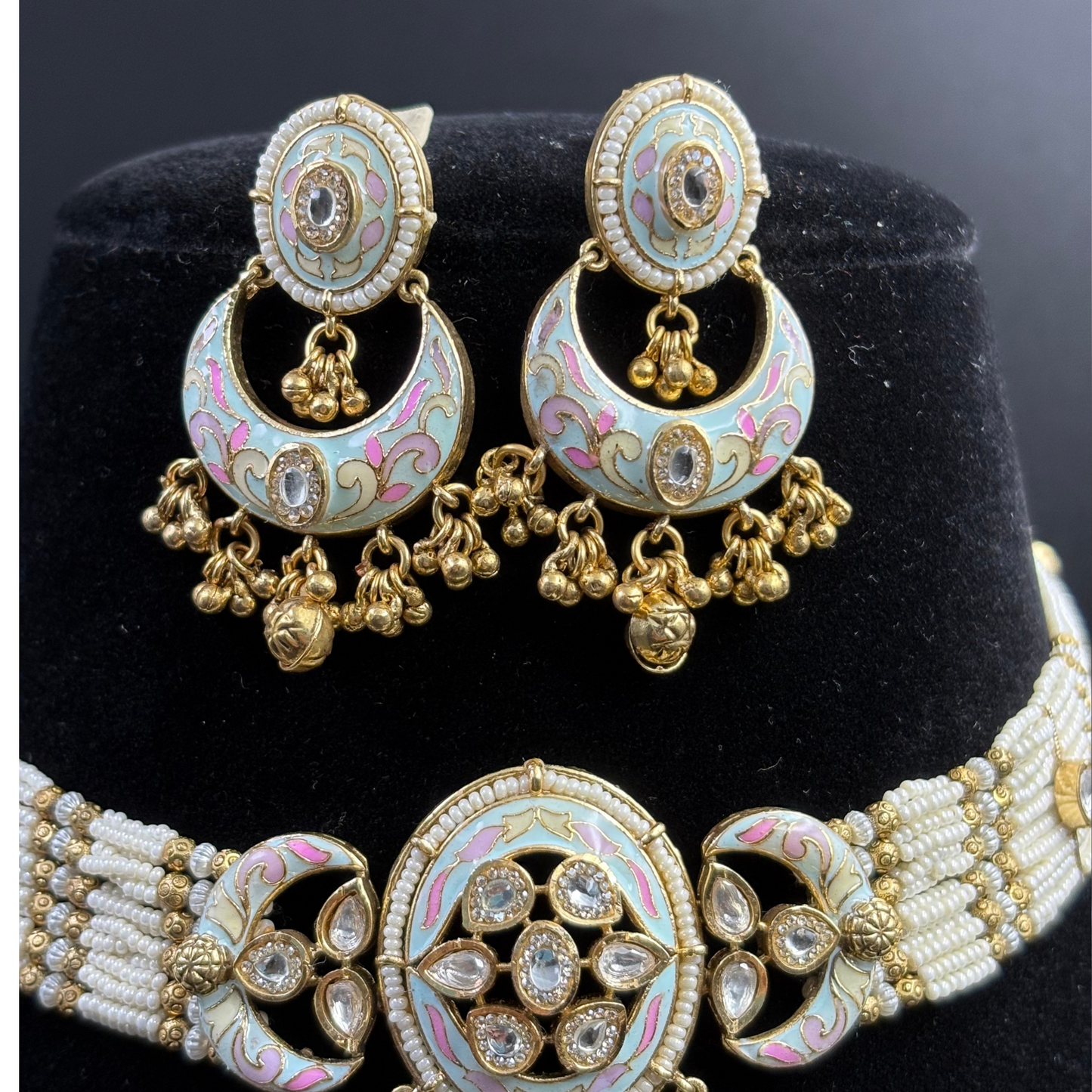 Pearl Necklace with Polki Meena Tikdas and Chandbali