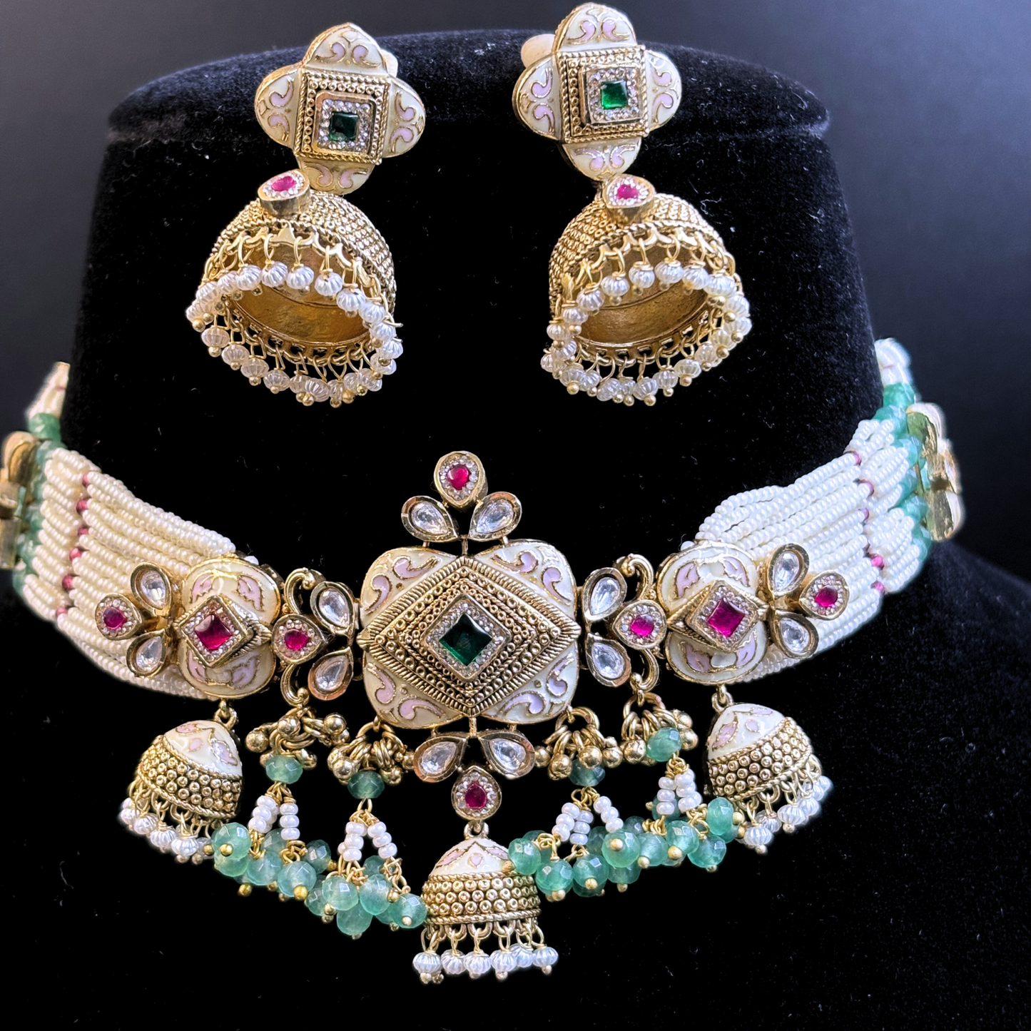 Pearl Necklace with Rectangle Polki Meena Tikdas and Jhumki