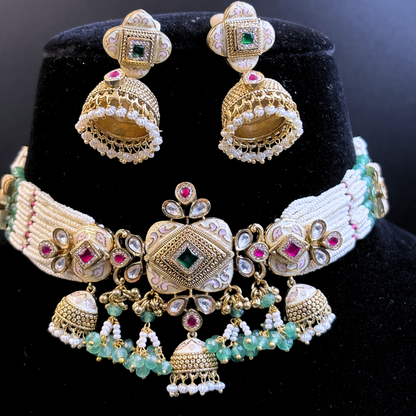 Pearl Necklace with Rectangle Polki Meena Tikdas and Jhumki