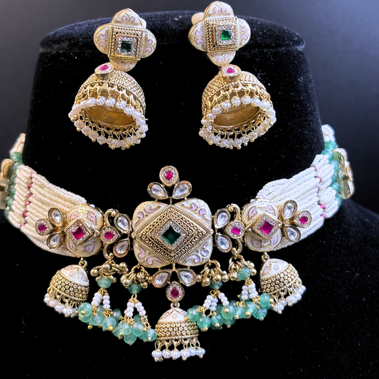 Pearl Necklace with Rectangle Polki Meena Tikdas and Jhumki