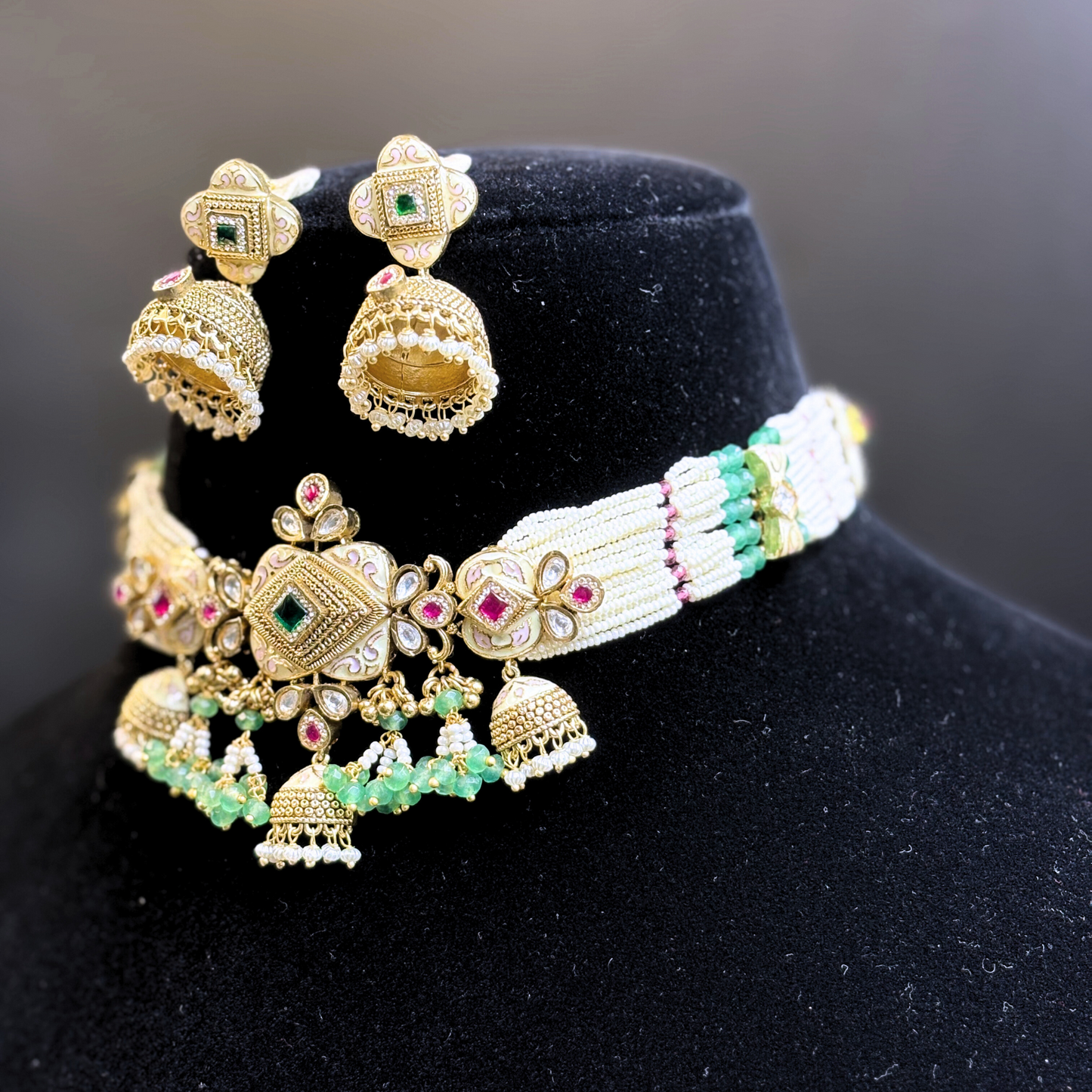 Pearl Necklace with Rectangle Polki Meena Tikdas and Jhumki