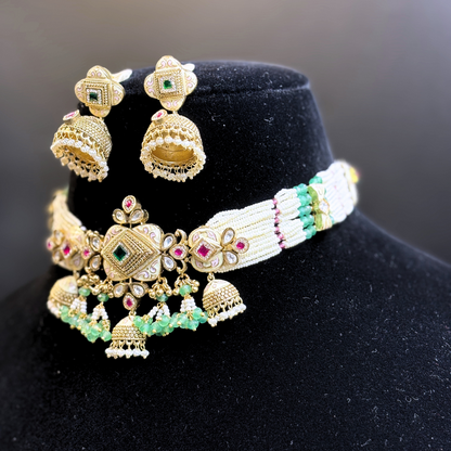 Pearl Necklace with Rectangle Polki Meena Tikdas and Jhumki