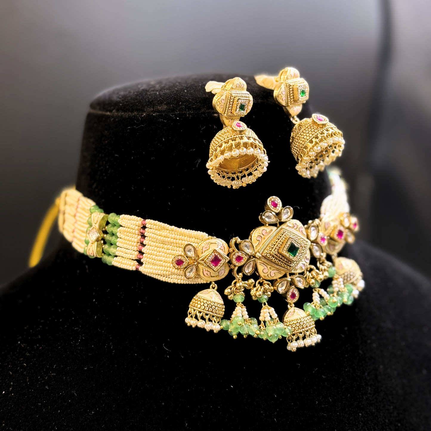 Pearl Necklace with Rectangle Polki Meena Tikdas and Jhumki