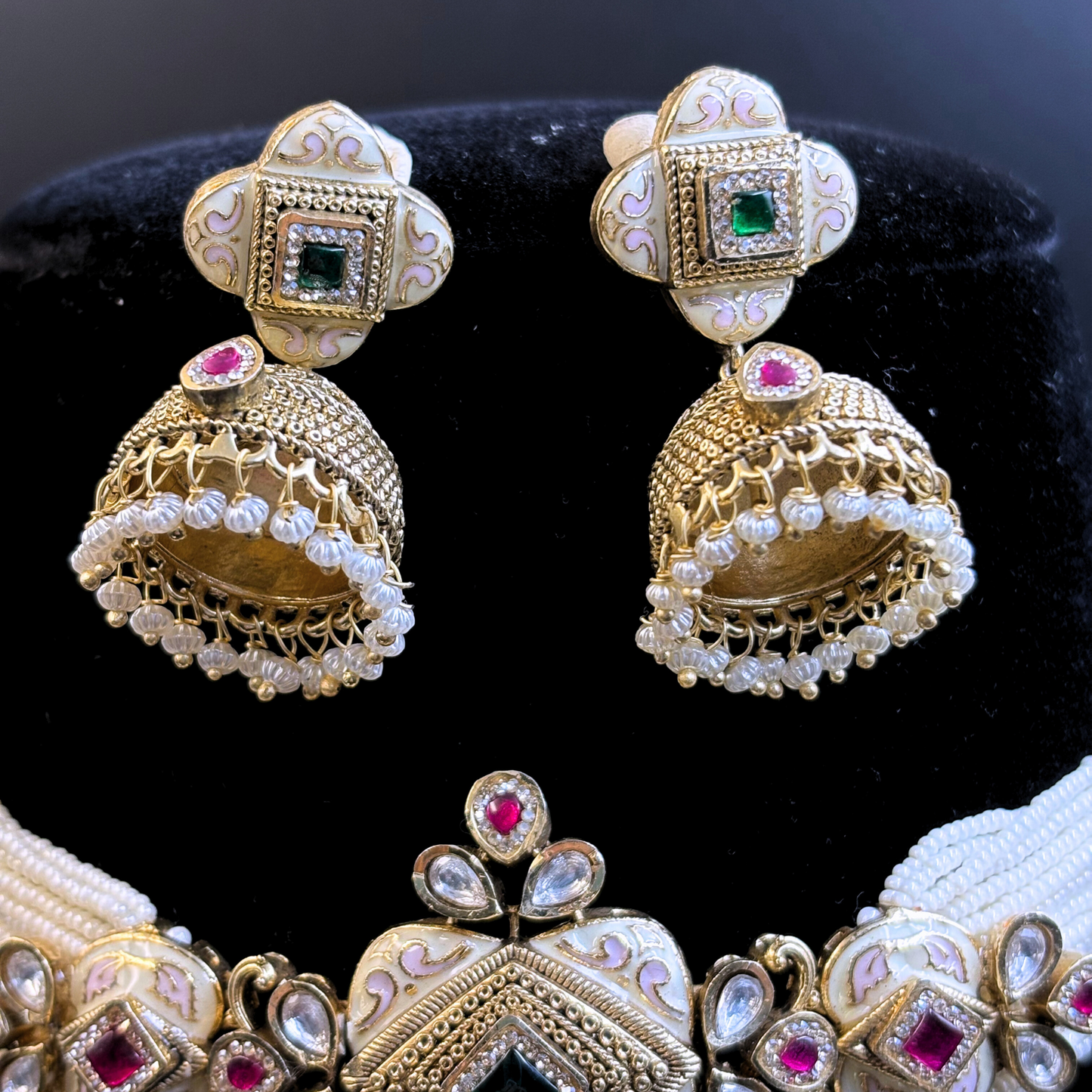 Pearl Necklace with Rectangle Polki Meena Tikdas and Jhumki