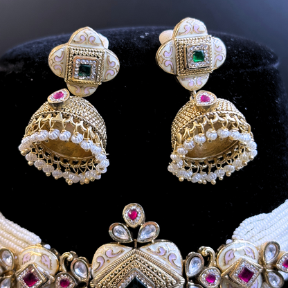 Pearl Necklace with Rectangle Polki Meena Tikdas and Jhumki