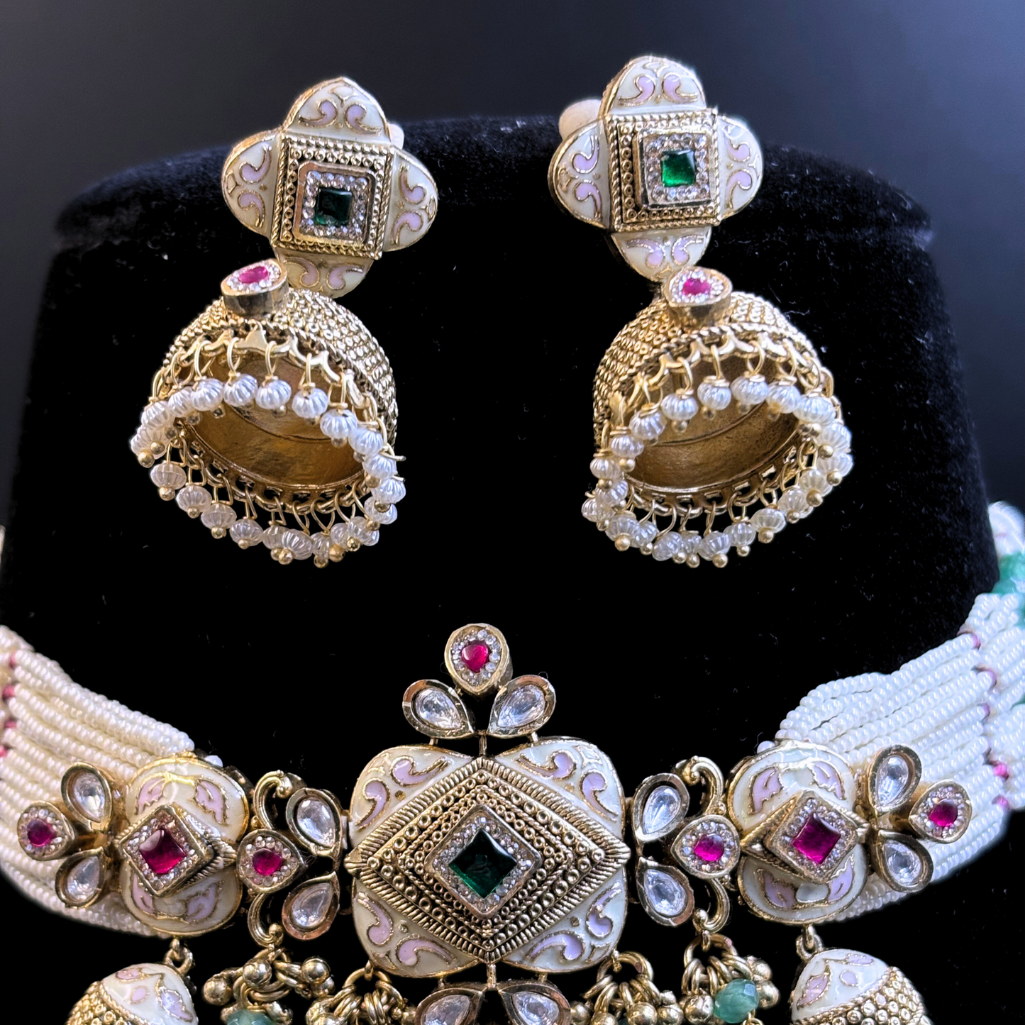 Pearl Necklace with Rectangle Polki Meena Tikdas and Jhumki