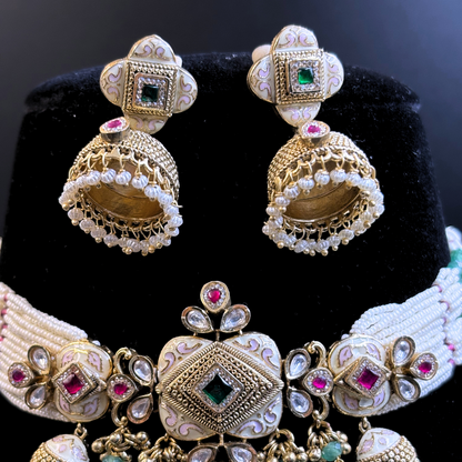 Pearl Necklace with Rectangle Polki Meena Tikdas and Jhumki