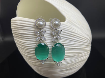 Pearl Stud with Oval Green Danglers