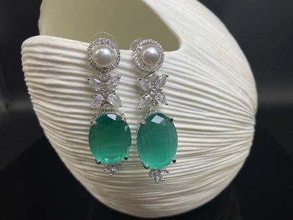 Pearl Stud with Oval Green Danglers