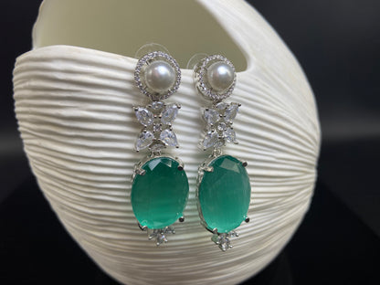 Pearl Stud with Oval Green Danglers