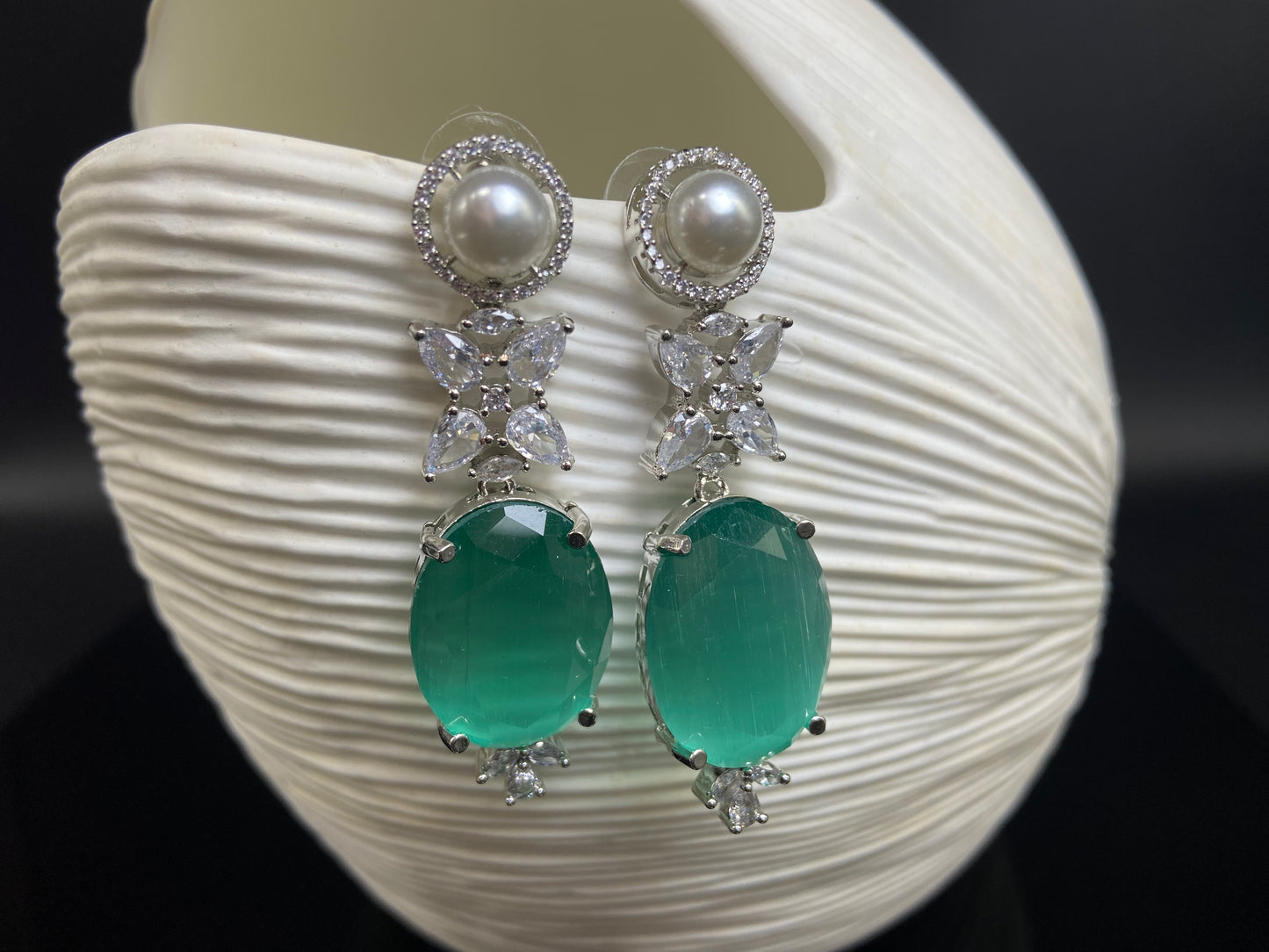 Pearl Stud with Oval Green Danglers