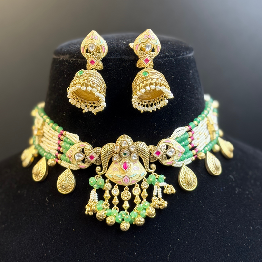 Pearl and Jade Necklace with Polki Meena Tikdas and Jhumki