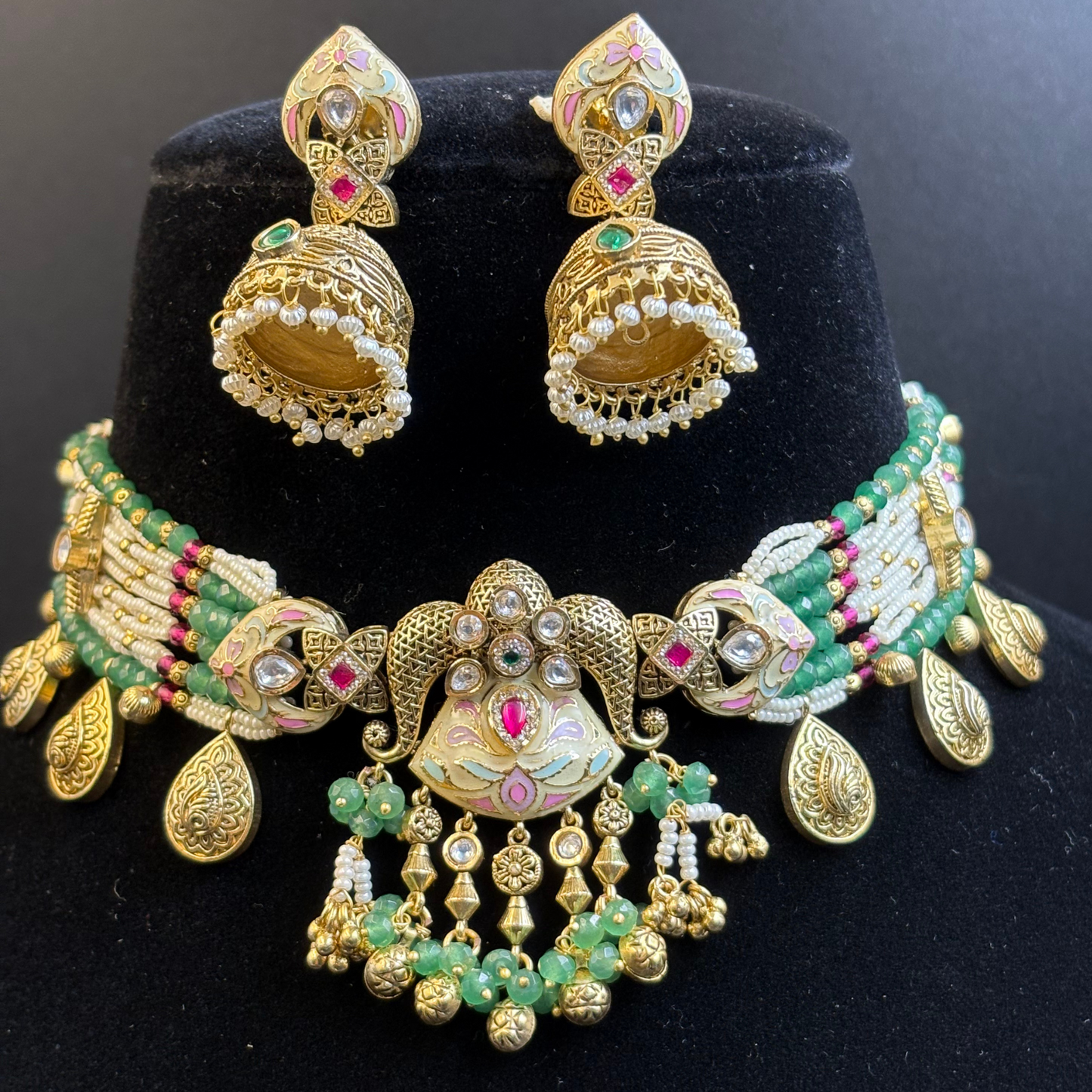 Pearl and Jade Necklace with Polki Meena Tikdas and Jhumki