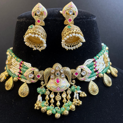 Pearl and Jade Necklace with Polki Meena Tikdas and Jhumki
