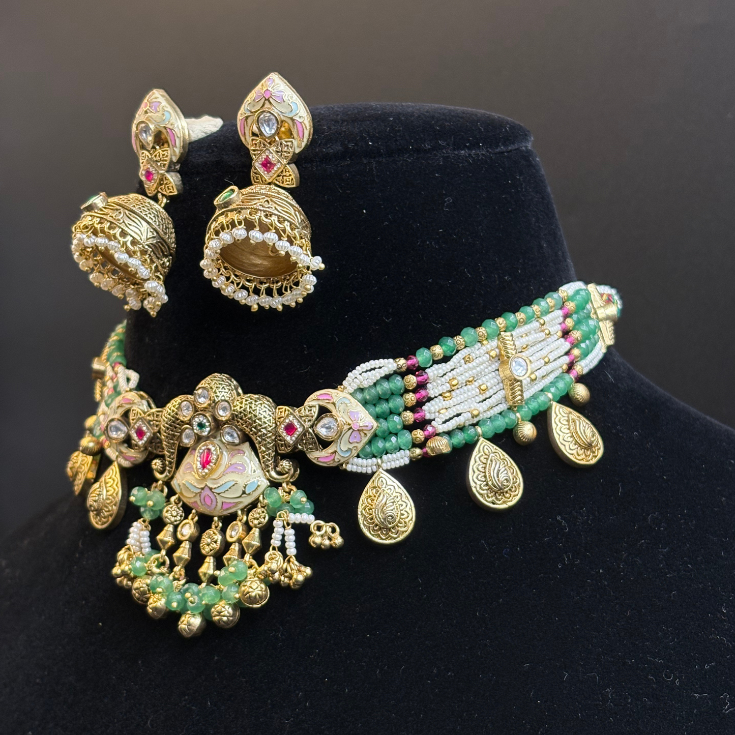 Pearl and Jade Necklace with Polki Meena Tikdas and Jhumki