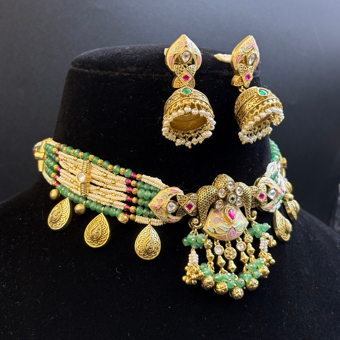 Pearl and Jade Necklace with Polki Meena Tikdas and Jhumki
