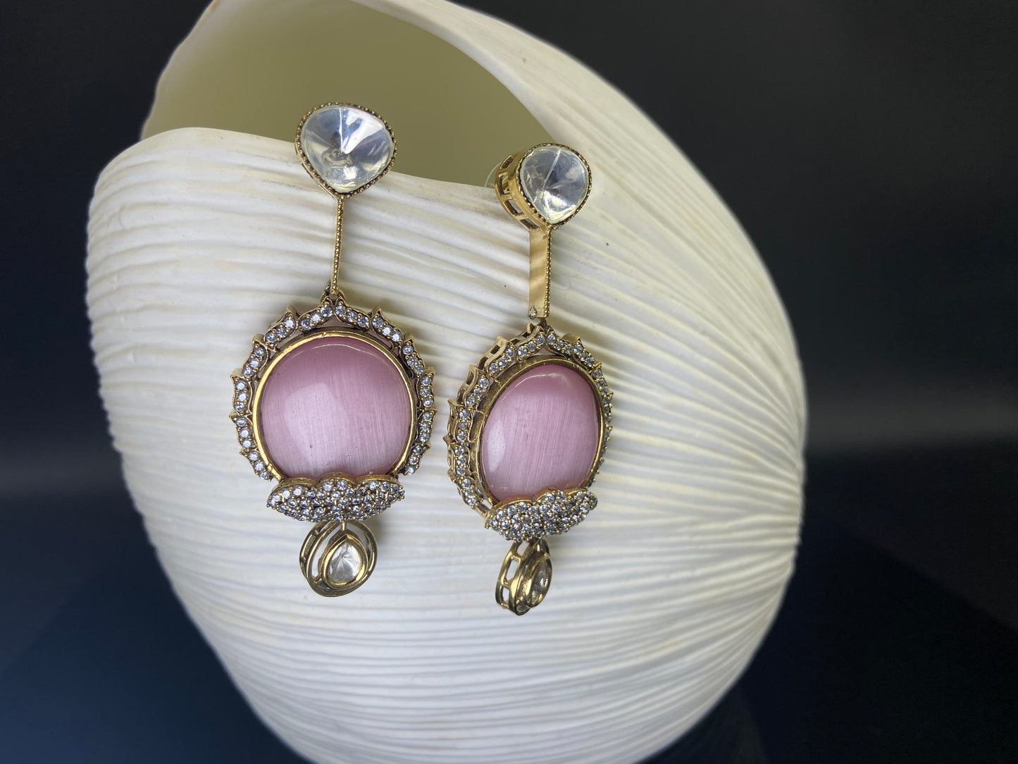 Polki Earrings with Large Pink Doublet Stone