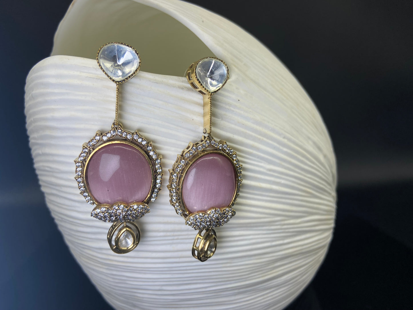 Polki Earrings with Large Pink Doublet Stone