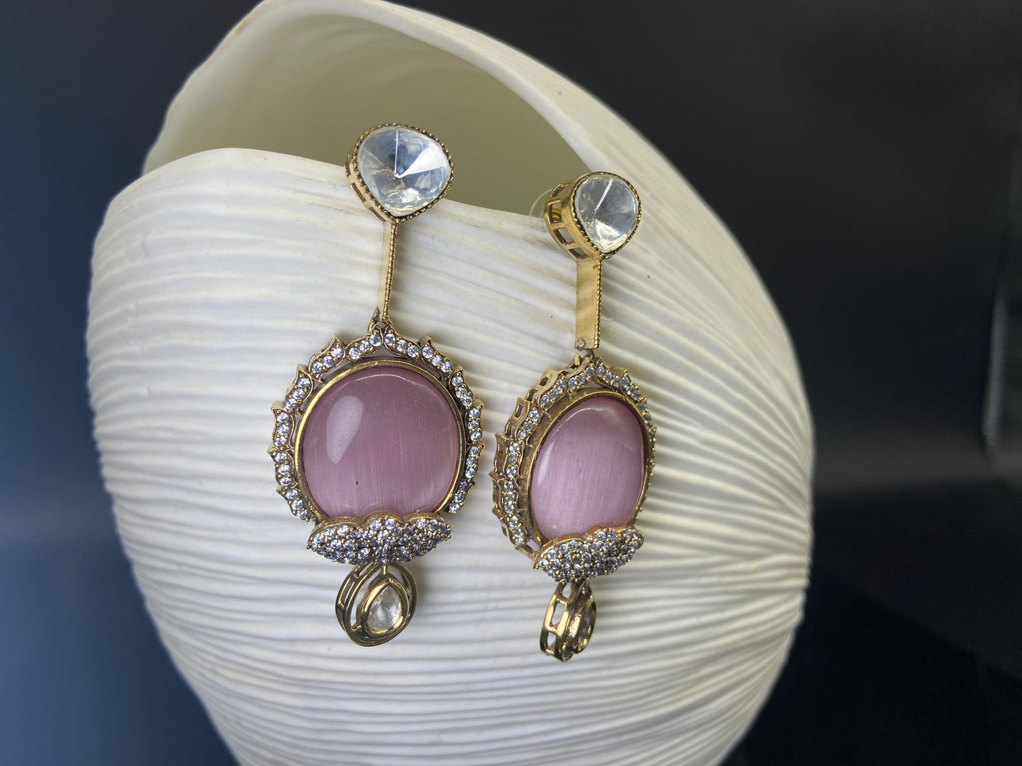 Polki Earrings with Large Pink Doublet Stone