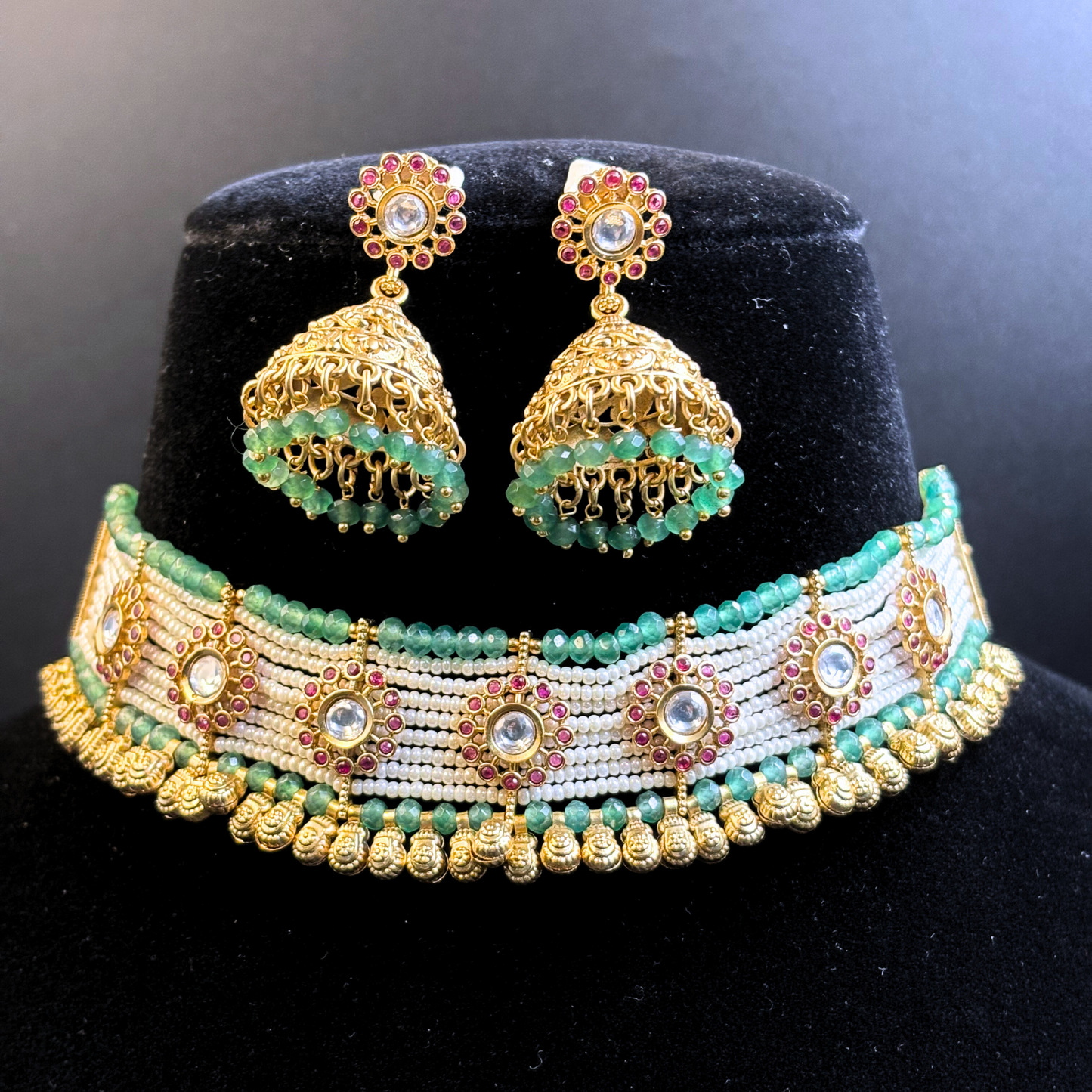 Polki and Ruby Tikdas on Pearl and Jade Strings Necklace