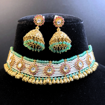 Polki and Ruby Tikdas on Pearl and Jade Strings Necklace