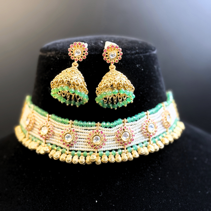 Polki and Ruby Tikdas on Pearl and Jade Strings Necklace