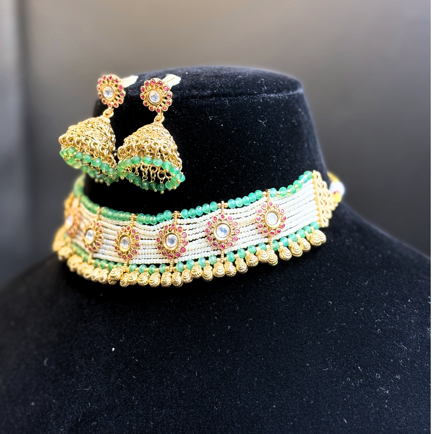 Polki and Ruby Tikdas on Pearl and Jade Strings Necklace