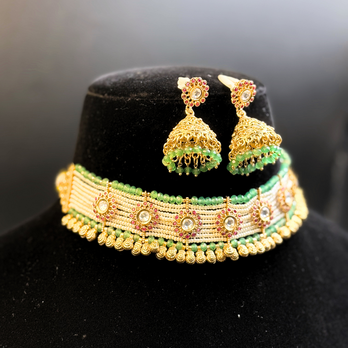 Polki and Ruby Tikdas on Pearl and Jade Strings Necklace