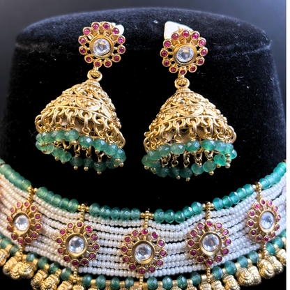 Polki and Ruby Tikdas on Pearl and Jade Strings Necklace