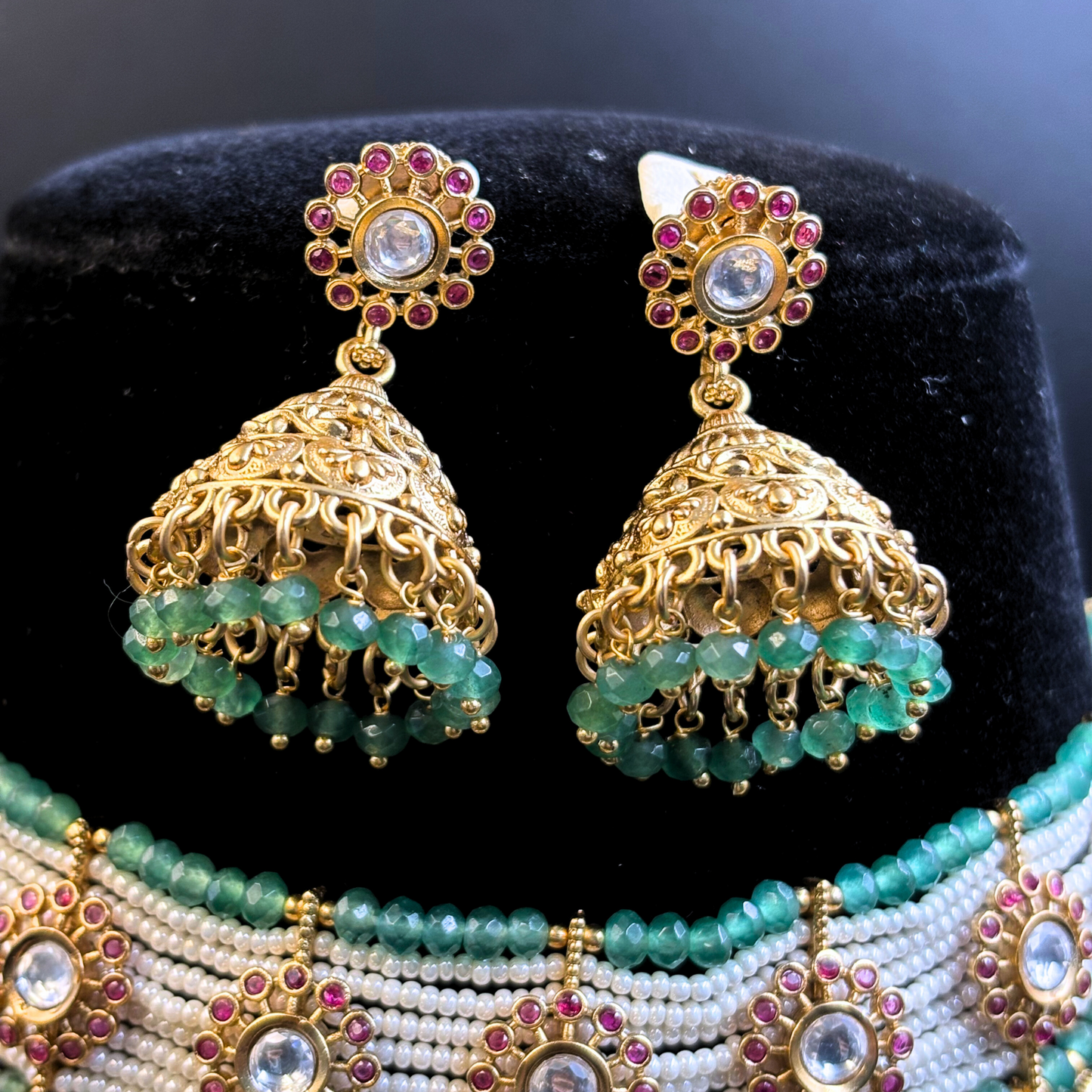 Polki and Ruby Tikdas on Pearl and Jade Strings Necklace