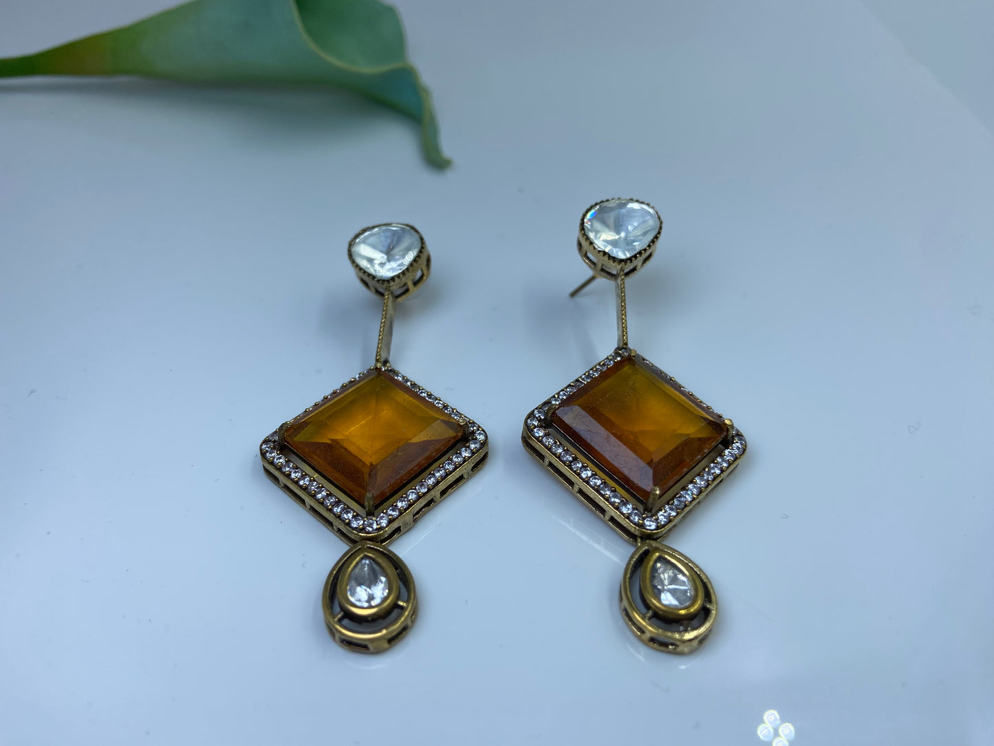 Rhombus Citrine Earrings with Polki and AD Stones