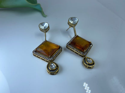 Rhombus Citrine Earrings with Polki and AD Stones