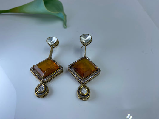 Rhombus Citrine Earrings with Polki and AD Stones