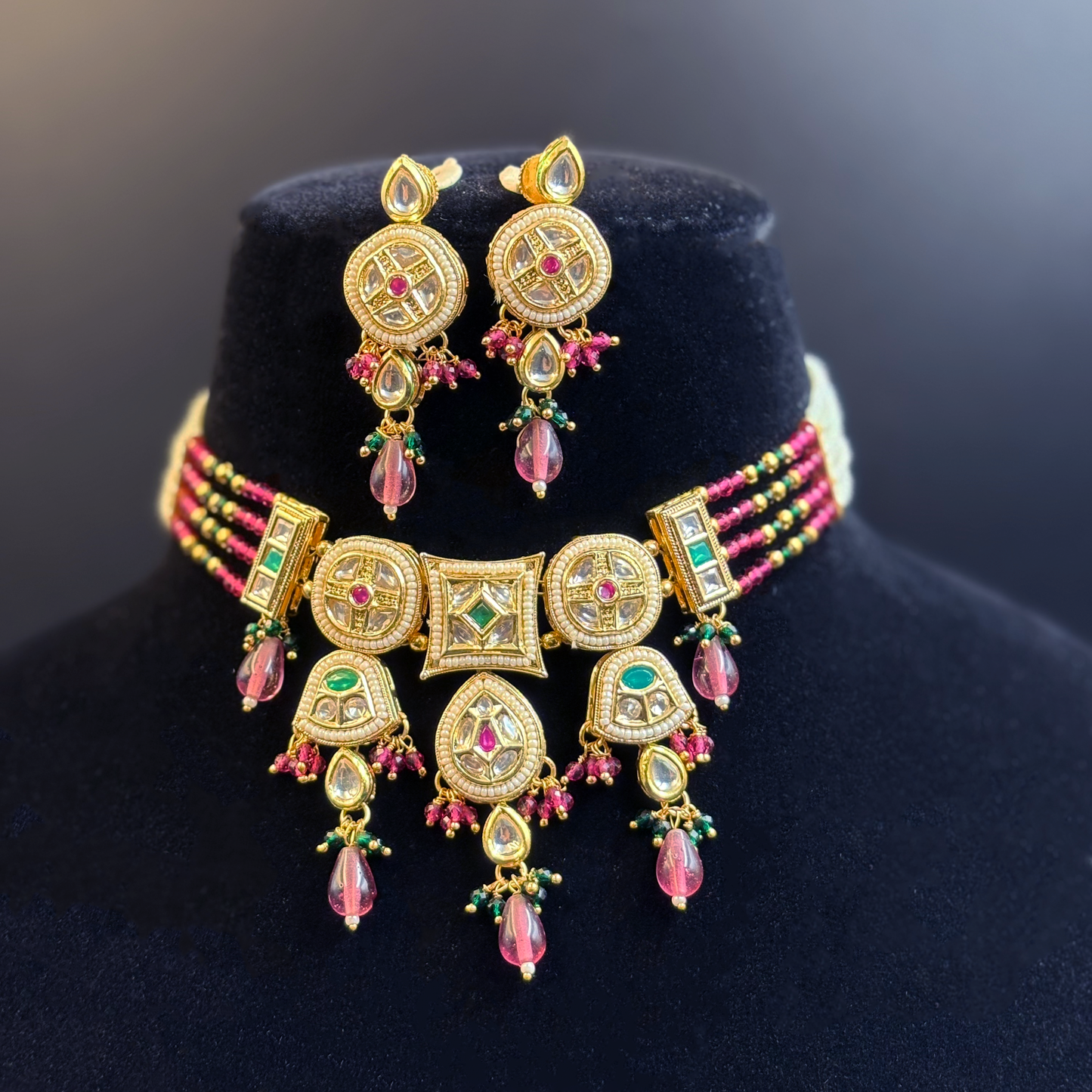 Ruby and Pearl Necklace with Pearl studded Polki Tikdas
