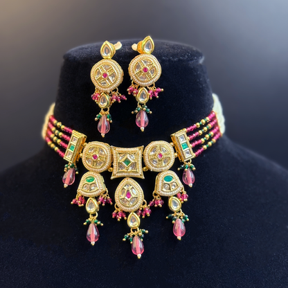 Ruby and Pearl Necklace with Pearl studded Polki Tikdas