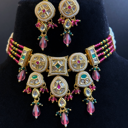 Ruby and Pearl Necklace with Pearl studded Polki Tikdas