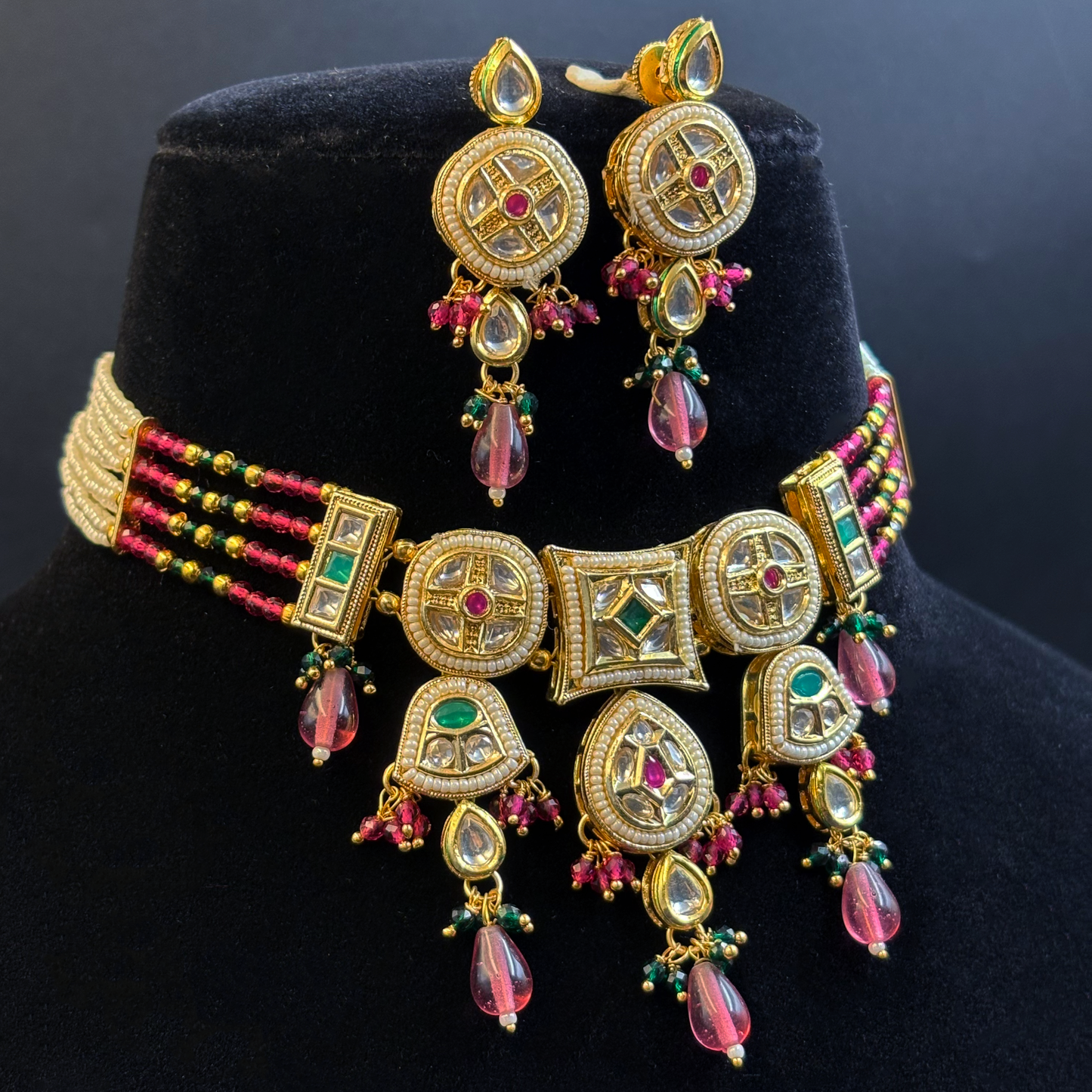 Ruby and Pearl Necklace with Pearl studded Polki Tikdas