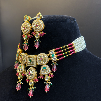 Ruby and Pearl Necklace with Pearl studded Polki Tikdas