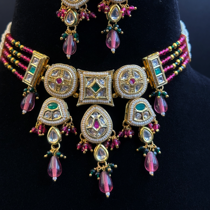 Ruby and Pearl Necklace with Pearl studded Polki Tikdas