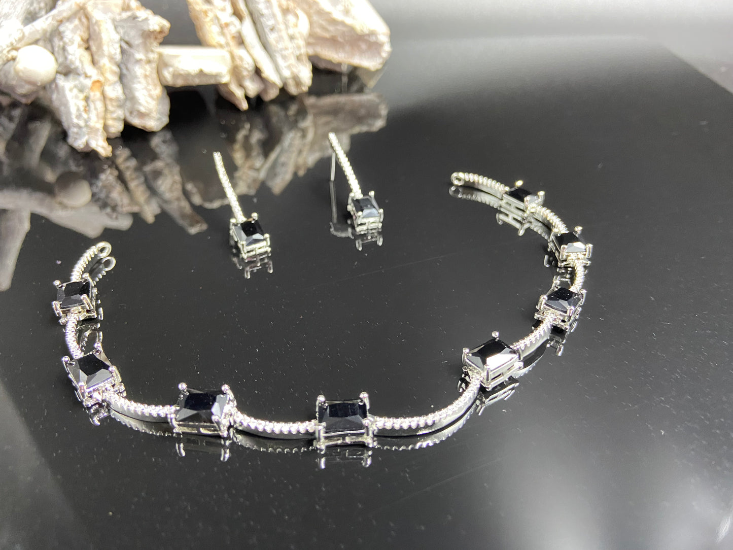 Sleek Delicate String with Black Rectangle Black Stones and AD
