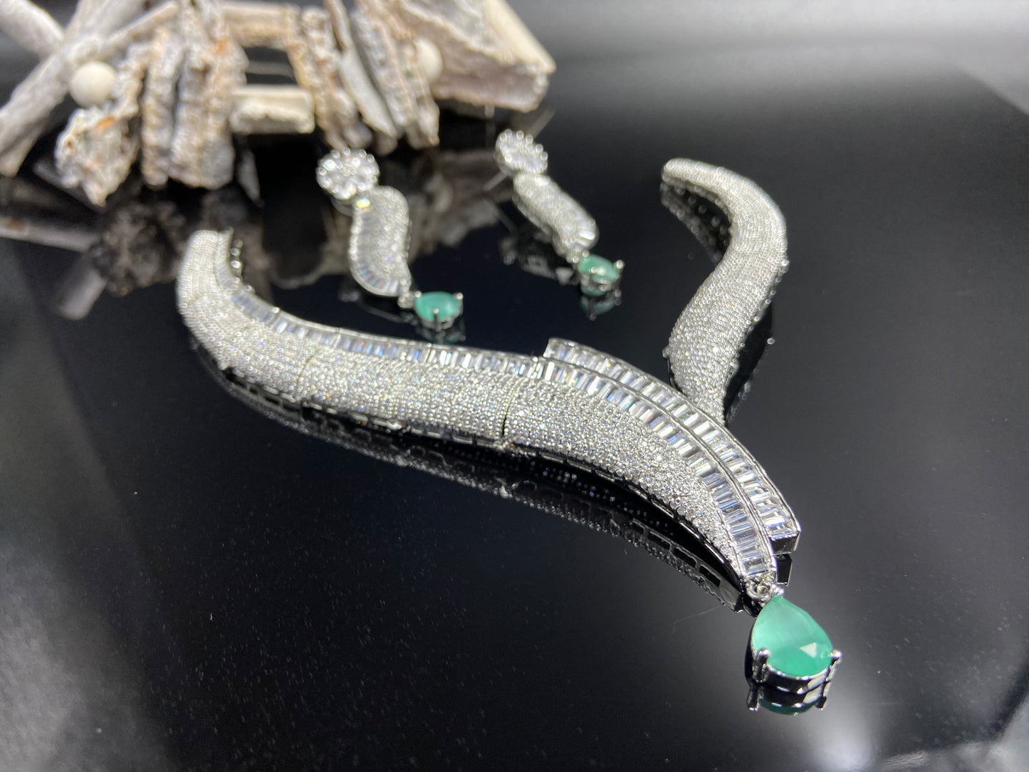 Stylish AD and Baguettes Necklace with Green Drop