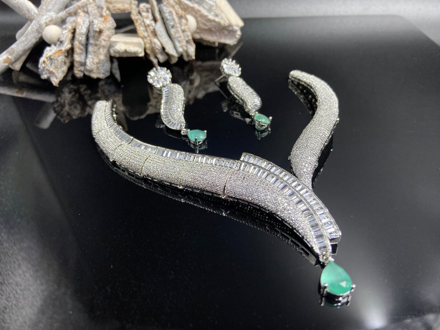 Stylish AD and Baguettes Necklace with Green Drop