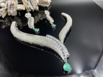 Stylish AD and Baguettes Necklace with Green Drop