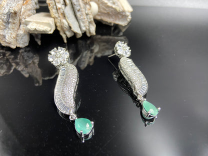 Stylish AD and Baguettes Necklace with Green Drop